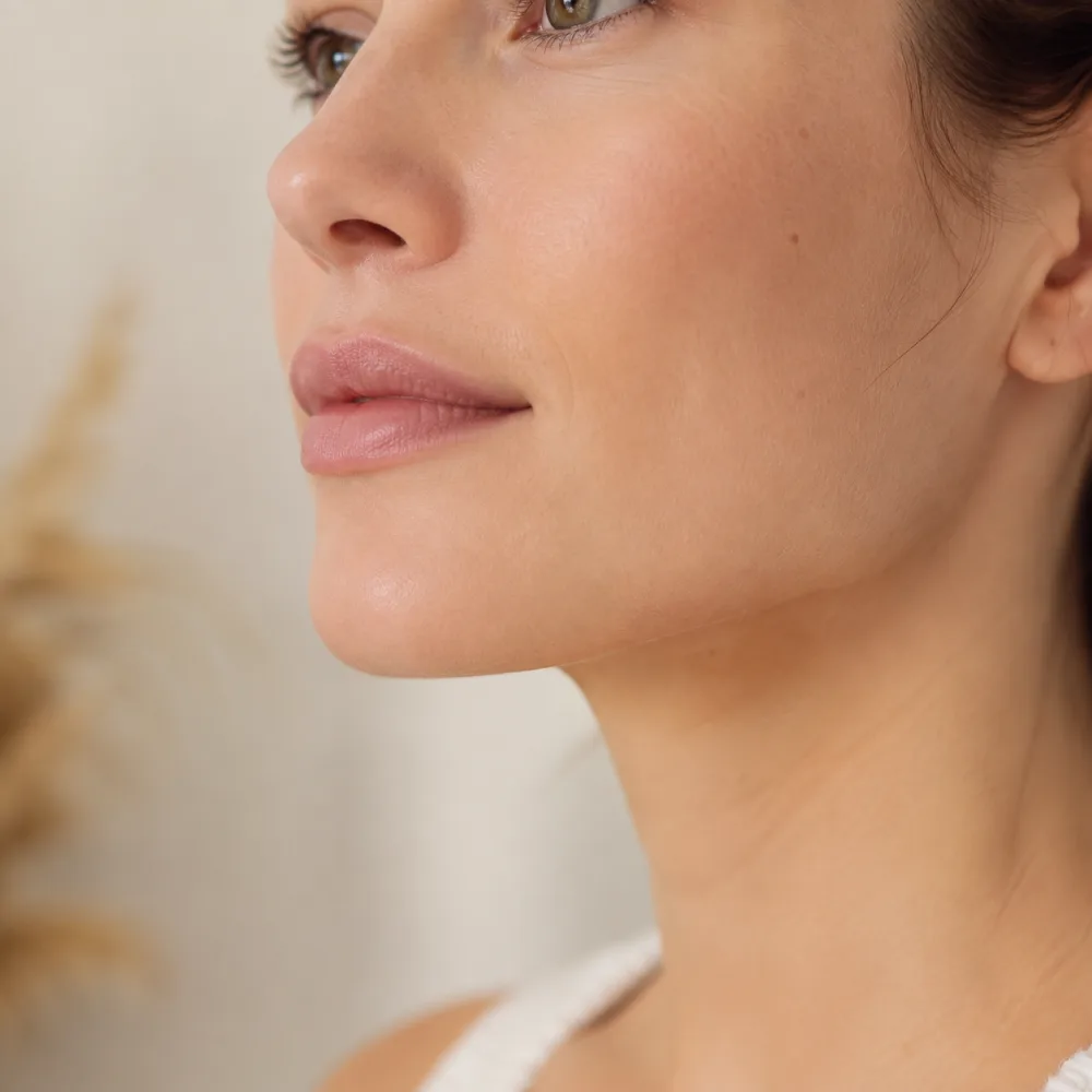 Detalle natural de labios, mentón y contorno mandibular