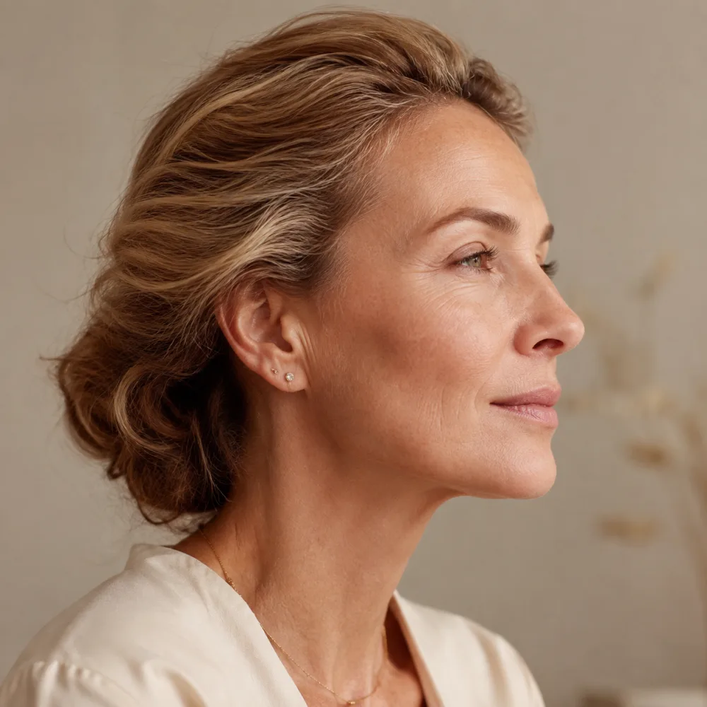 Retrato de perfil de una mujer adulta con textura de piel natural