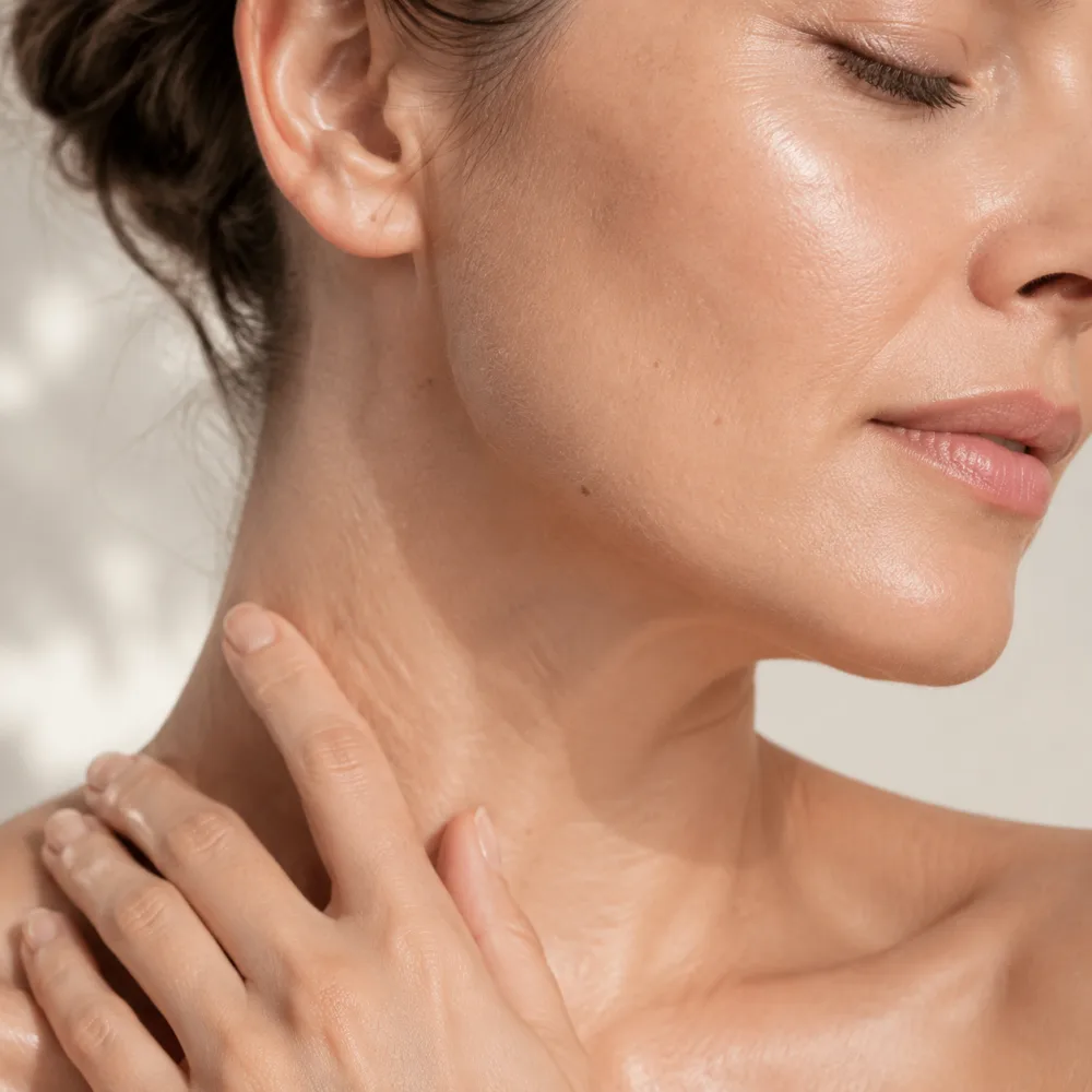 Detalle de piel luminosa en rostro y cuello
